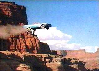 Freeze frame of Thelma and Louise going over the cliff.