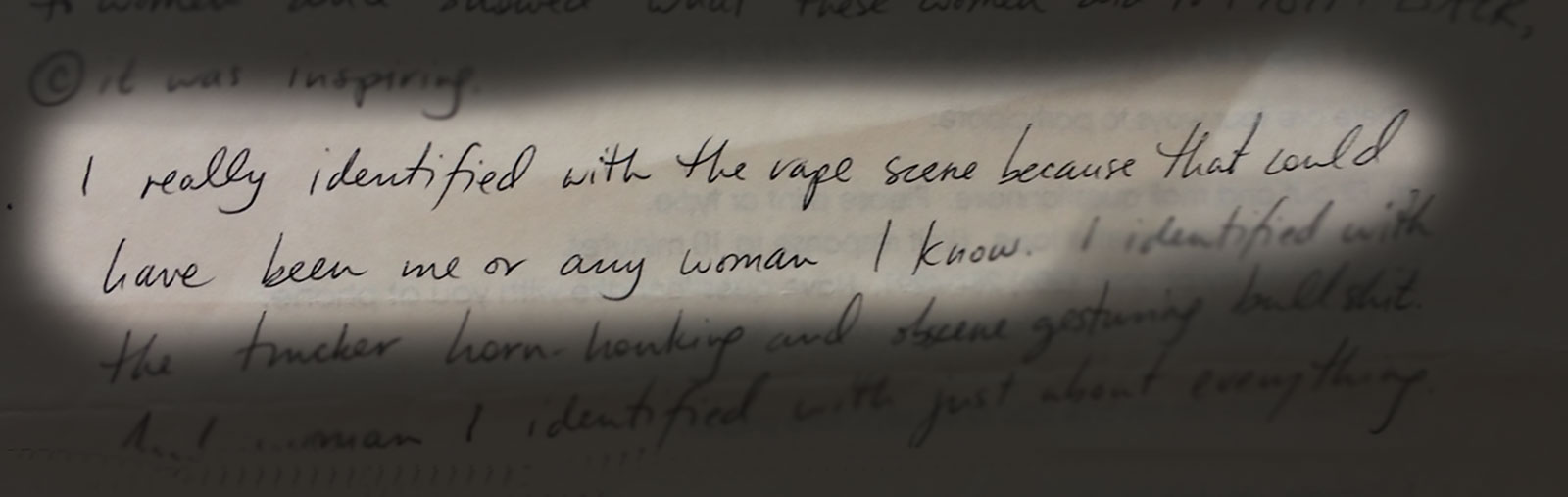 Quote from questionnaire: I really identified with the rape scene because that could have been me or any woman I know.